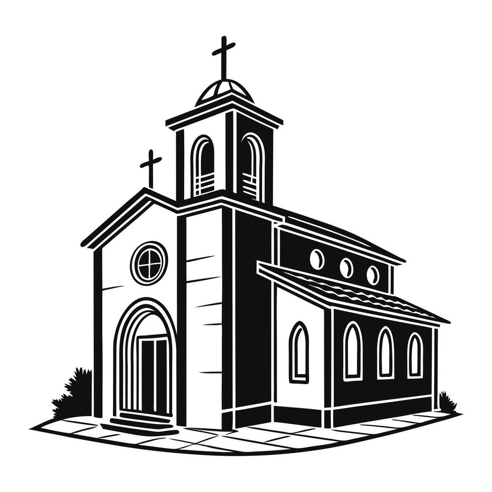 This black and white line art illustration depicts a small church building with a bell tower, situated on a slight elevation. vector