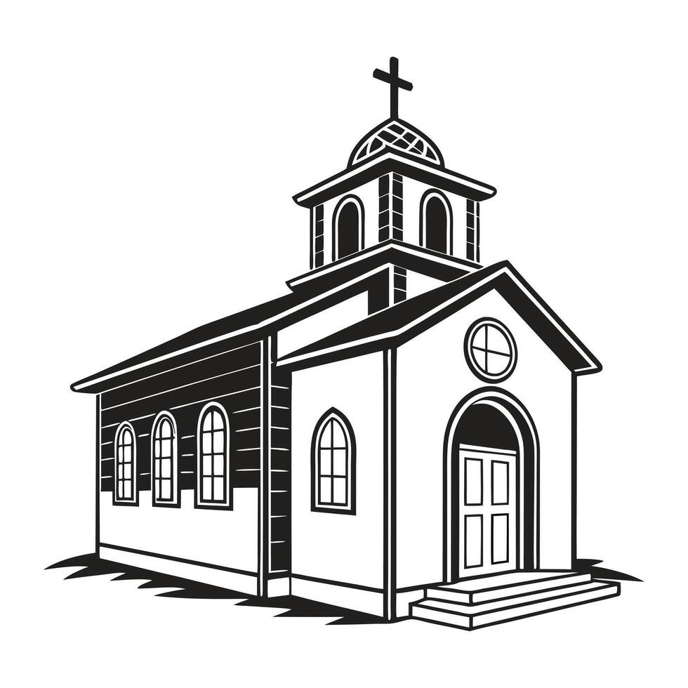 black and white vctor graphic depicts a classic church building, emphasizing its architectural details. vector