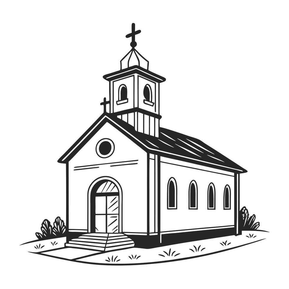 classic church building design, rendered in a clean black and white style. vector