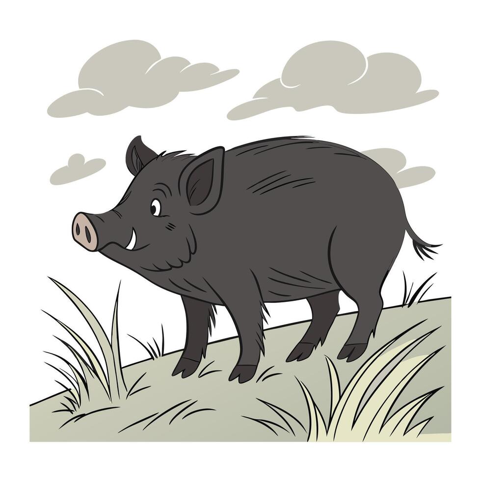 A cheerful cartoon pig, depicted in a simple, friendly style, is pictured standing on a light beige ground. vector
