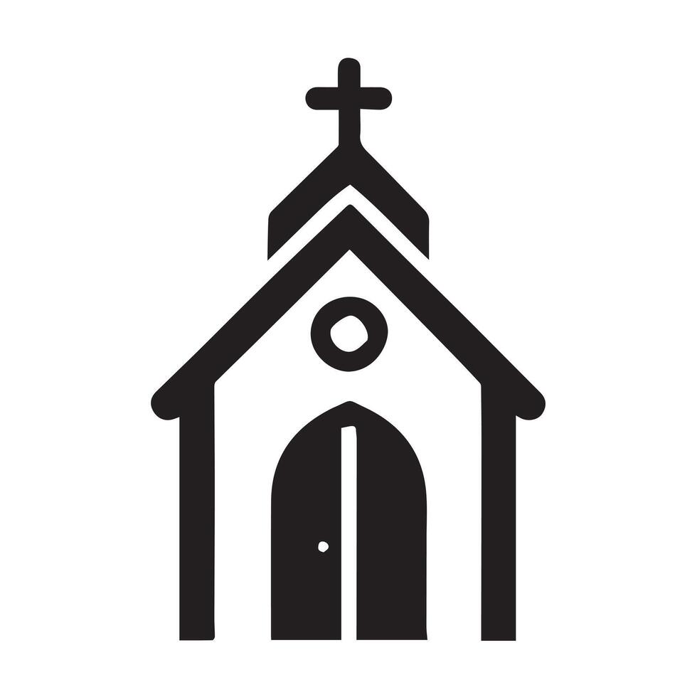 A stylized, black and white illustration of a quaint village church nestled in a landscape. vector