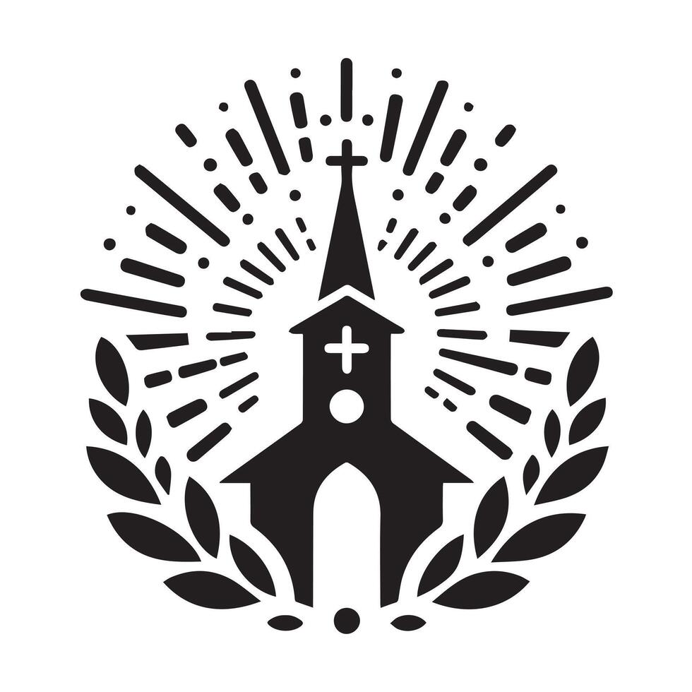 A classic, stylized icon of a church building, depicted in solid black silhouette within a circle. vector