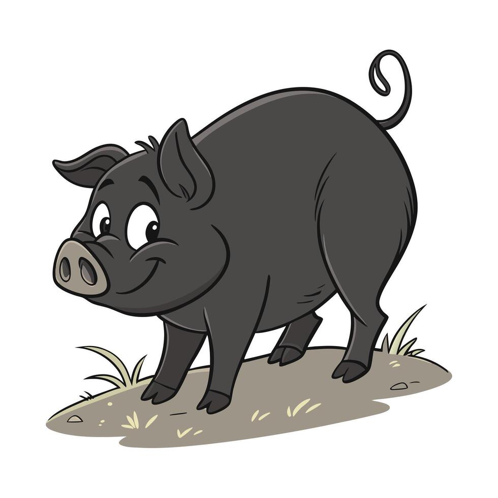 A cheerful, cartoon-style black and white illustration of a pig. vector