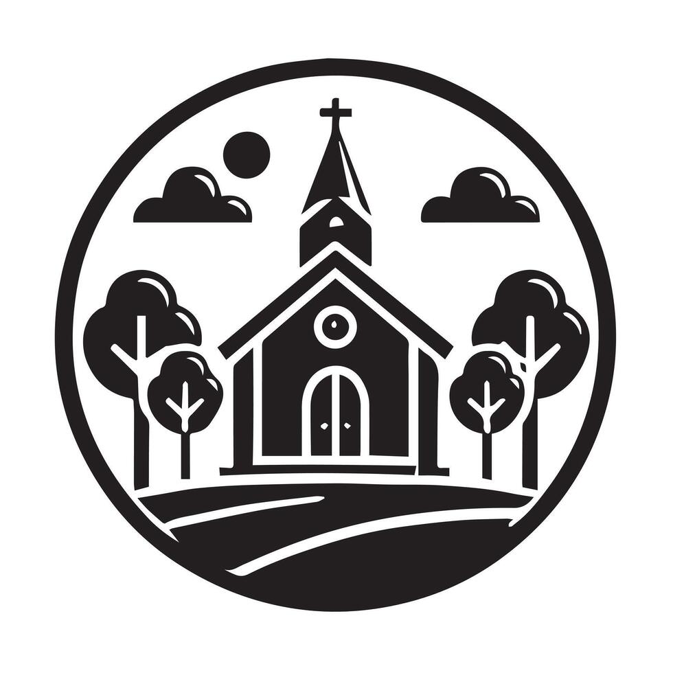 black and white illustration of a church building encircled by a decorative floral wreath. vector
