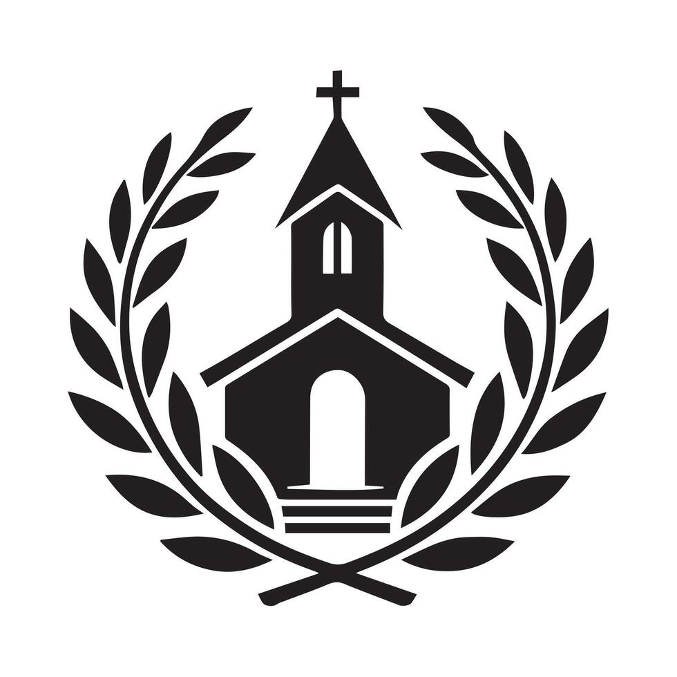 This is a simple, black and white silhouette of a church. vector