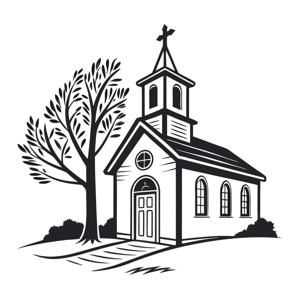 Elegant black and white vctor illustration of a church steeple perched atop a hill. vector