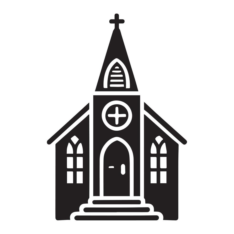 A stylized, solid black silhouette of a small church, perfect for representing religious imagery. vector