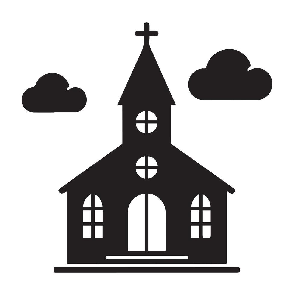 A classic, black and white silhouette of a church building. vector