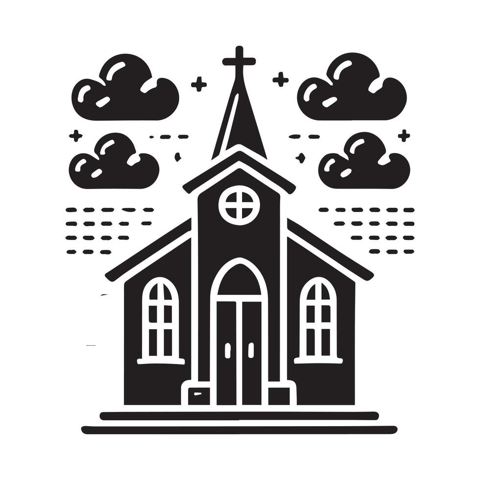 black and white church icon with radiating light. vector