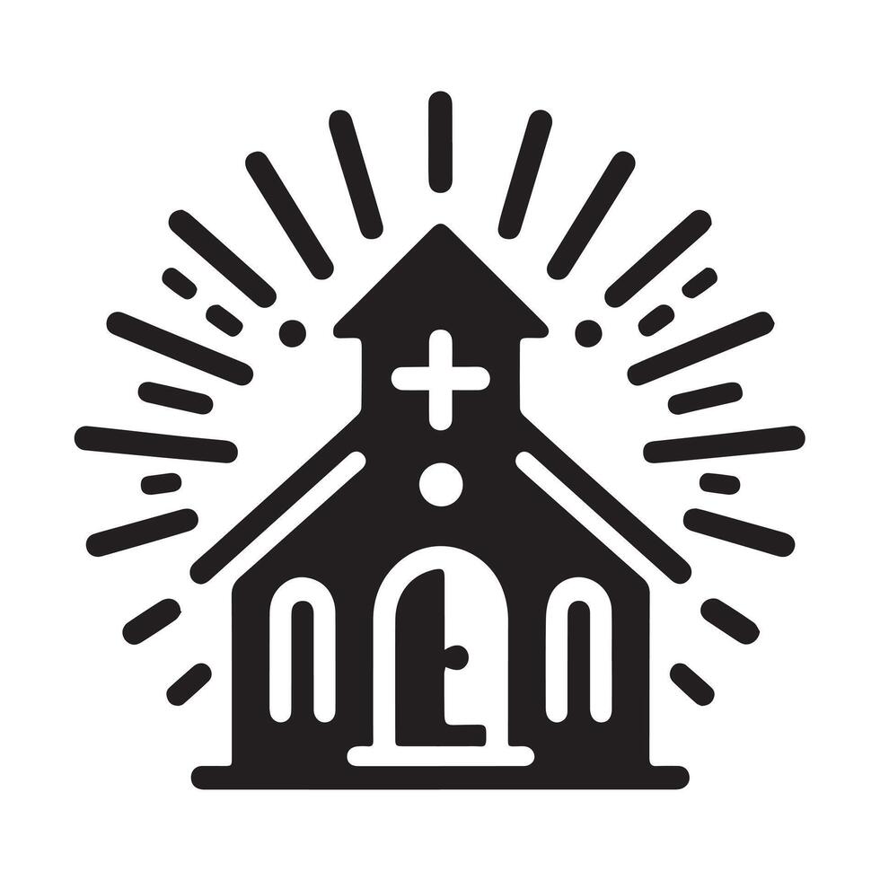 A stylized, black and white graphic of a church building situated within a circular frame. vector