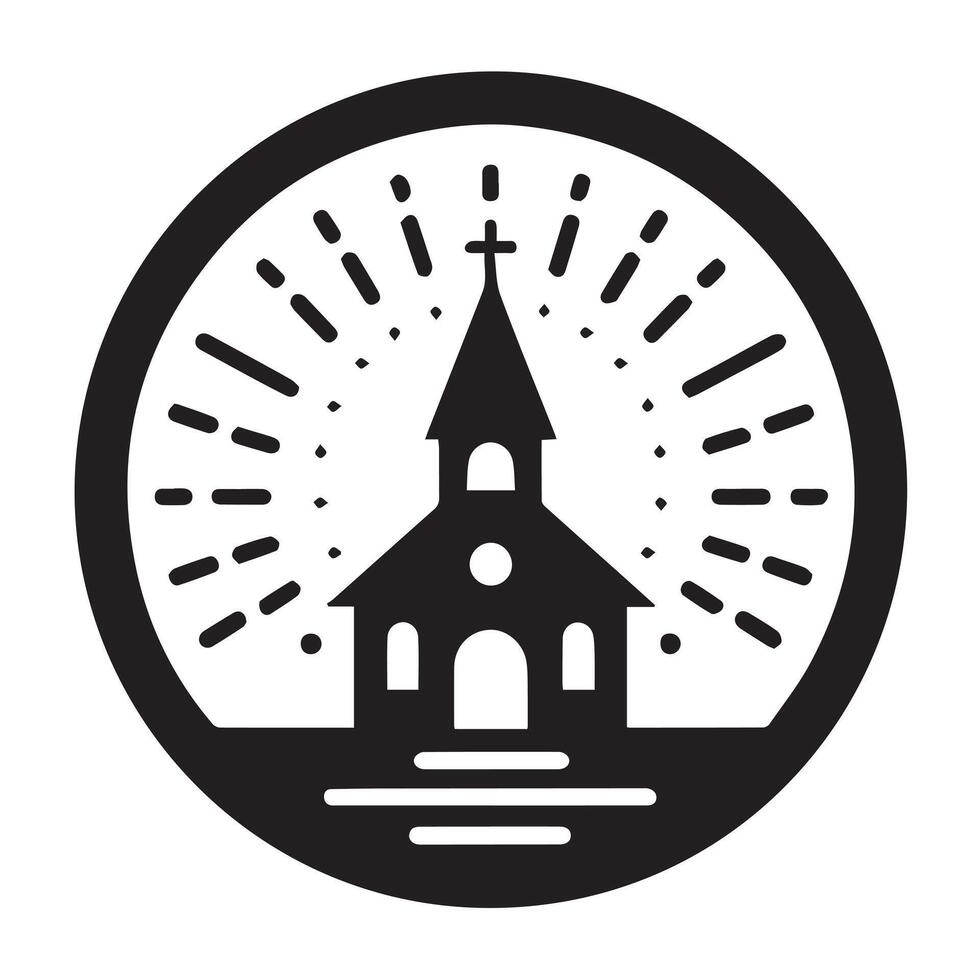 Simple black and white church icon with radiating light. vector