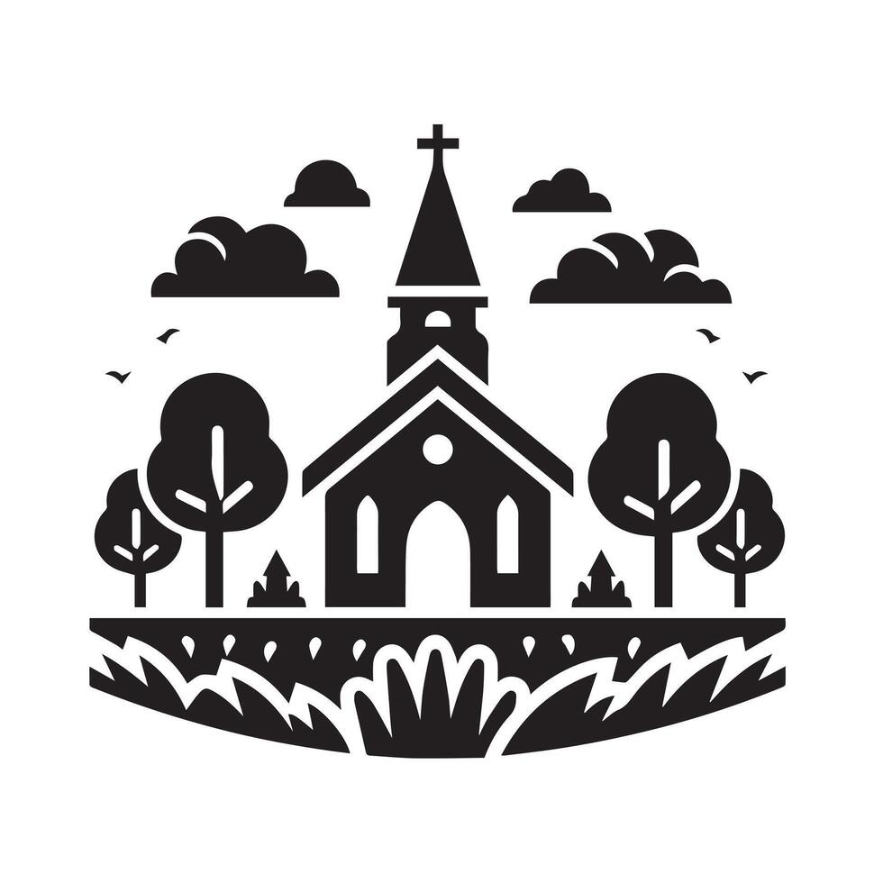 This black and white vctor graphic depicts a stylized church building. vector