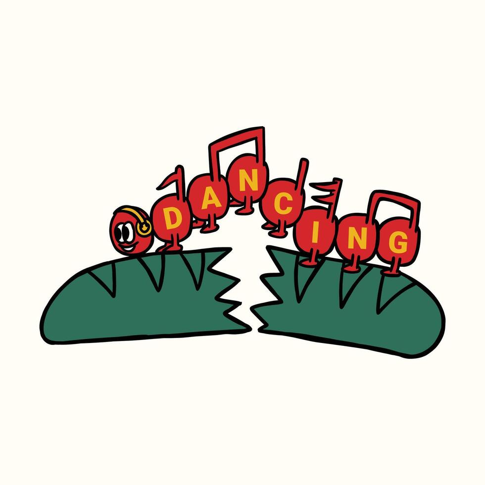 cute caterpillar listening to music retro cartoon character illustration vector