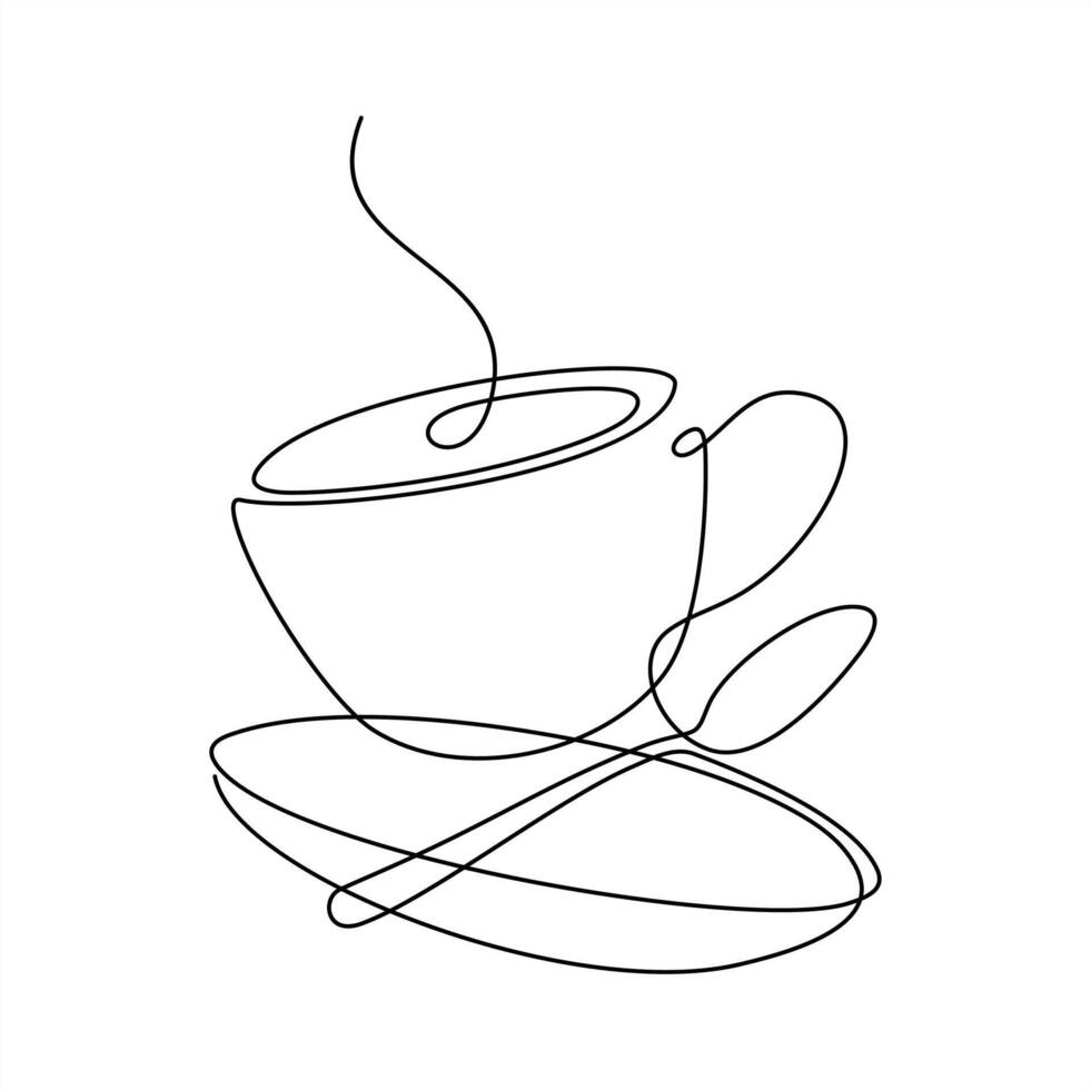 Single line drawing a cup coffee, spoon, and saucer in floating style. vector