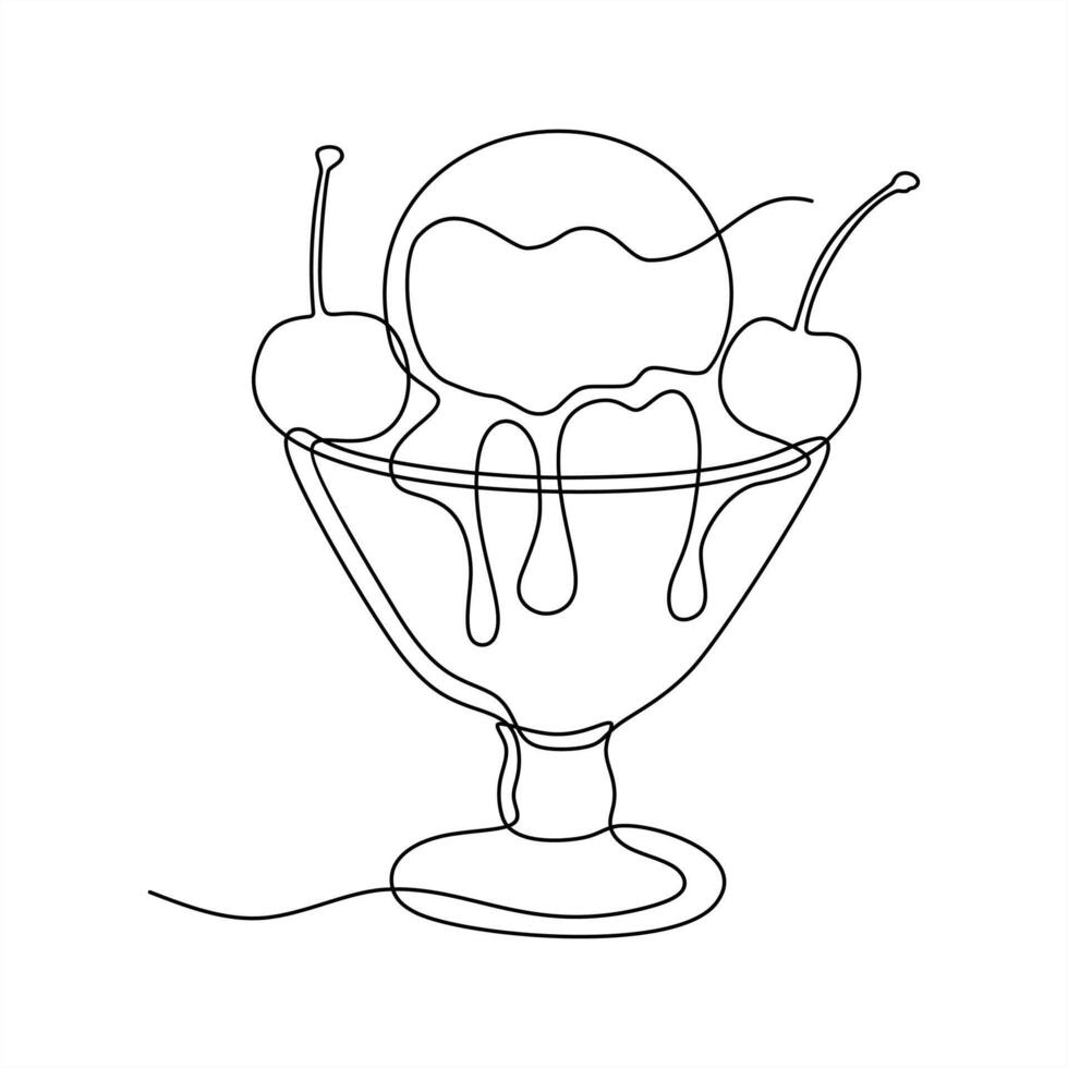 Single line drawing of a glass of sundae ice cream with cherries as topping. Hand drawing ice cream logo. Food and drink line art sketching. vector