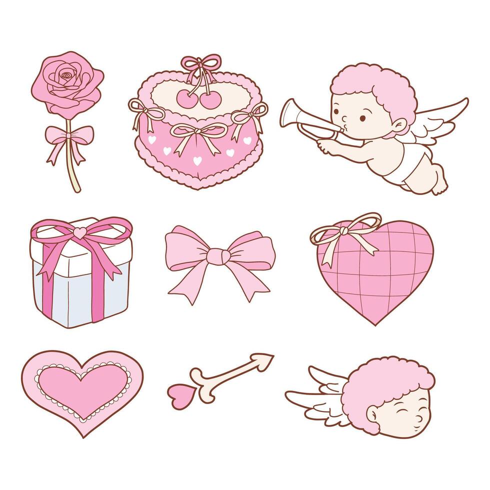 Coquette Valentine s day set decorated with vintage cupid and coquette doodle valentine elements. Hand drawn line art illustrations vector