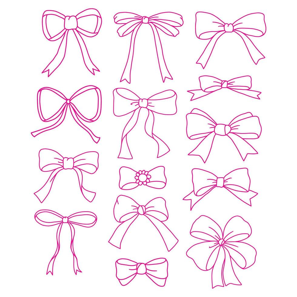 Hand drawn design with vintage coquette ribbon bow doodle retro outline isolated on white background vector
