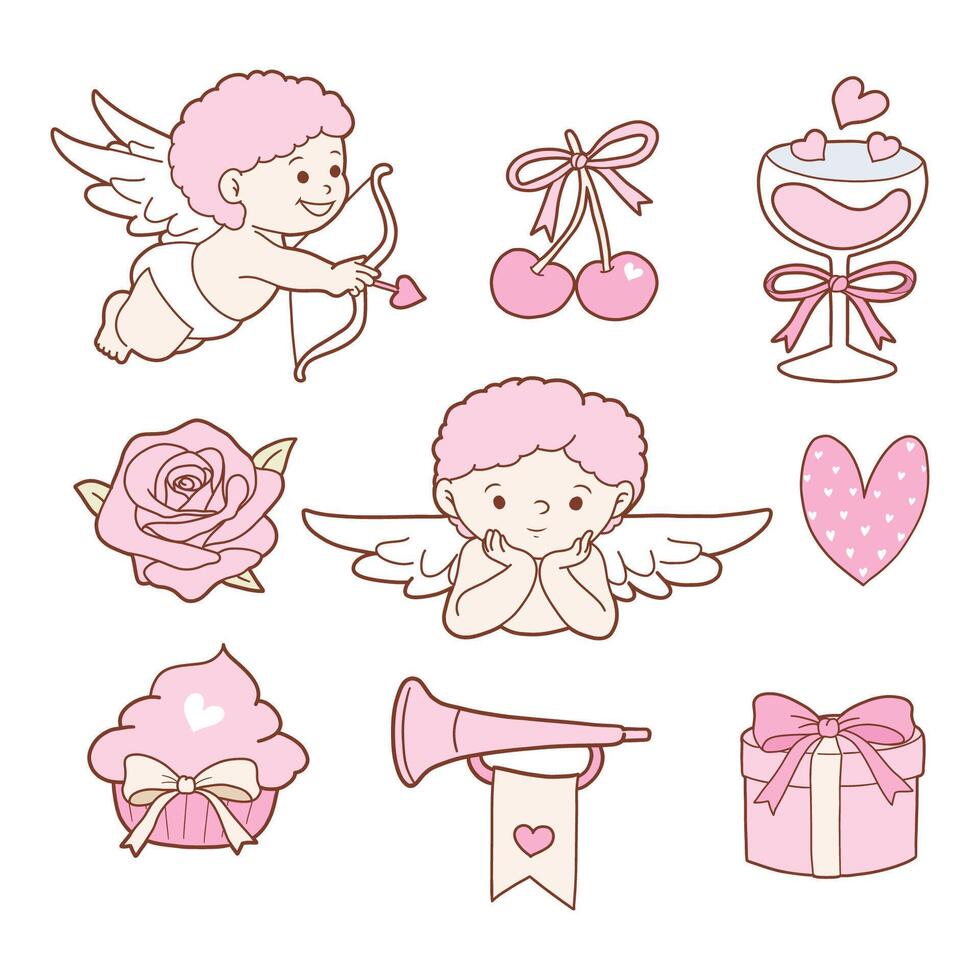 Coquette Valentine's day set decorated with vintage cupid and coquette doodle valentine elements. vector