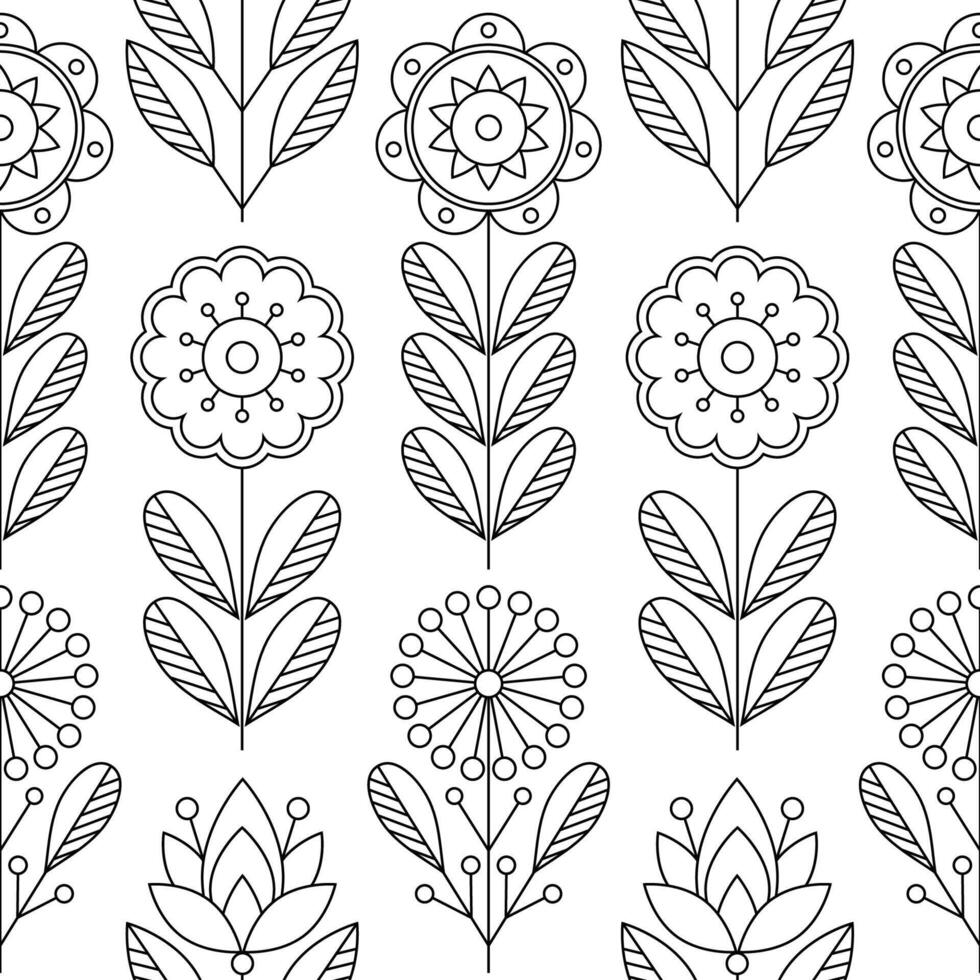 Seamless pattern with flowers in line art style on white background. vector