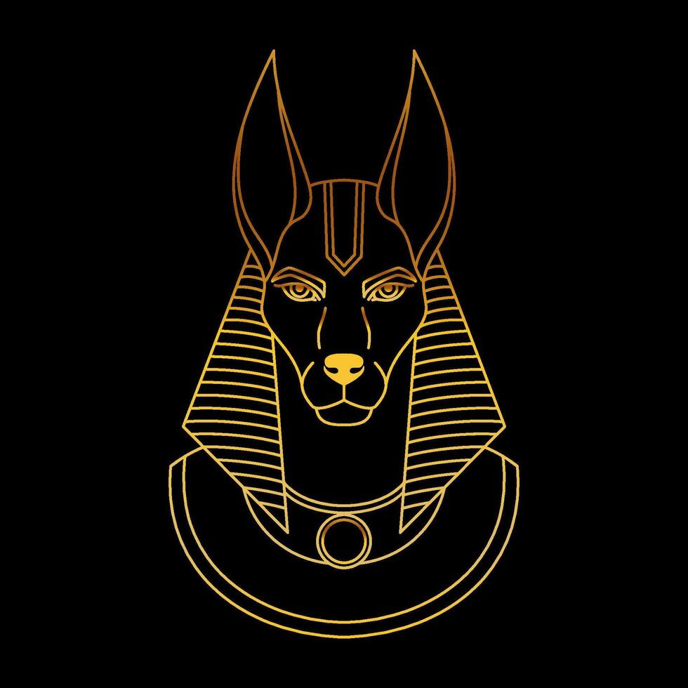 Anubis the god of ancient Egypt. Line art golden icon on black background. vector