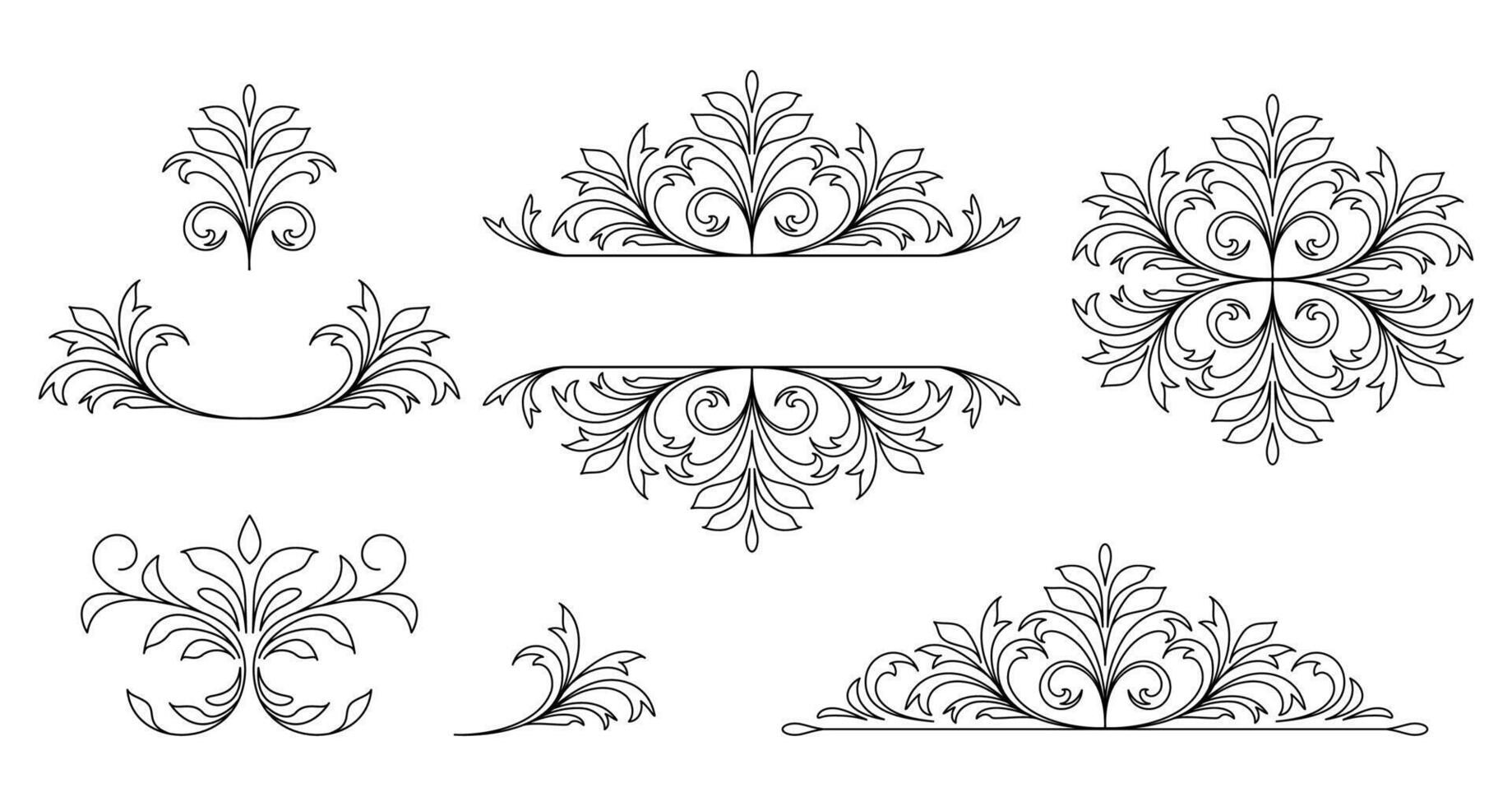 Set of floral dividers and floral vignettes in line art style on white background. vector