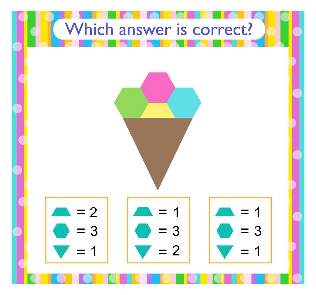 Math activity for kids. Find the correct answer. Cartoon ice cream. vector