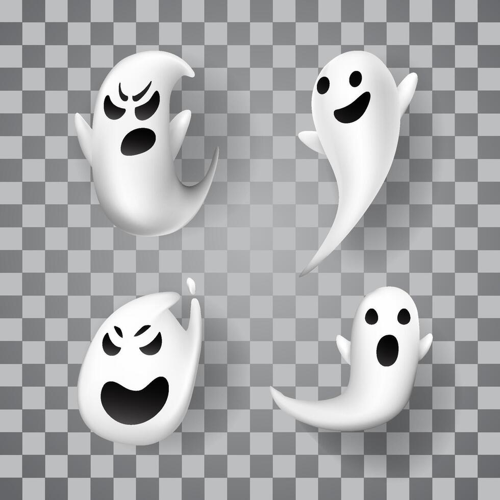 Cute 3d cartoon ghost set, perfect for Halloween and spooky themed design elements. vector