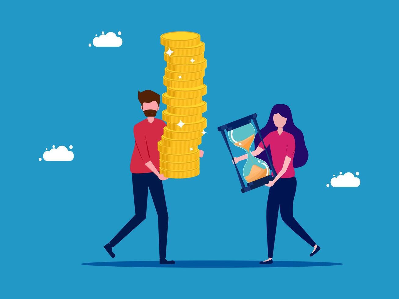 a man and woman are carrying stacks of coins vector
