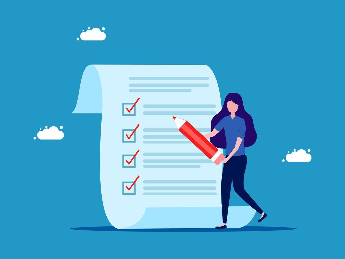 a woman is holding a pencil and checking a checklist vector