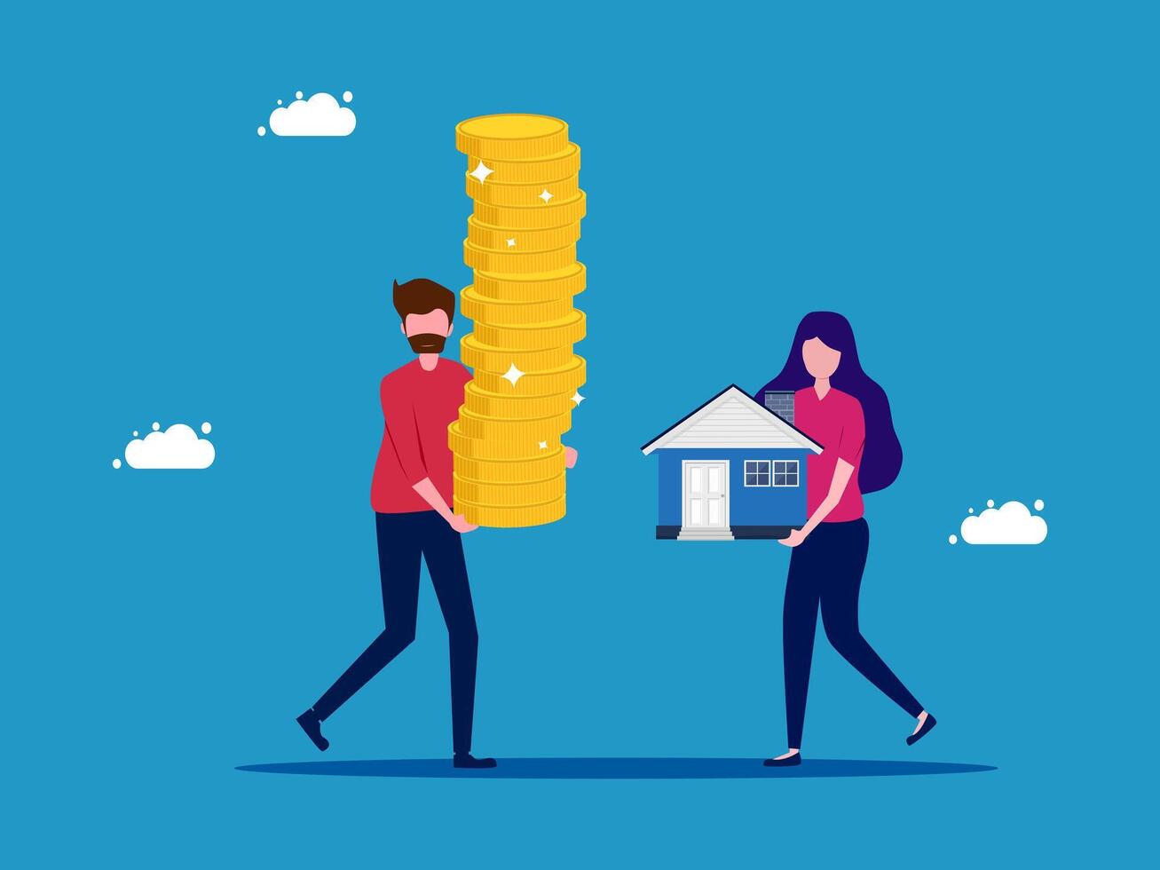 a man and woman are carrying stacks of gold coins vector