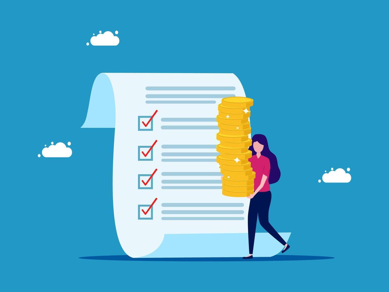 woman holding stack of coins and checklist on blue background vector