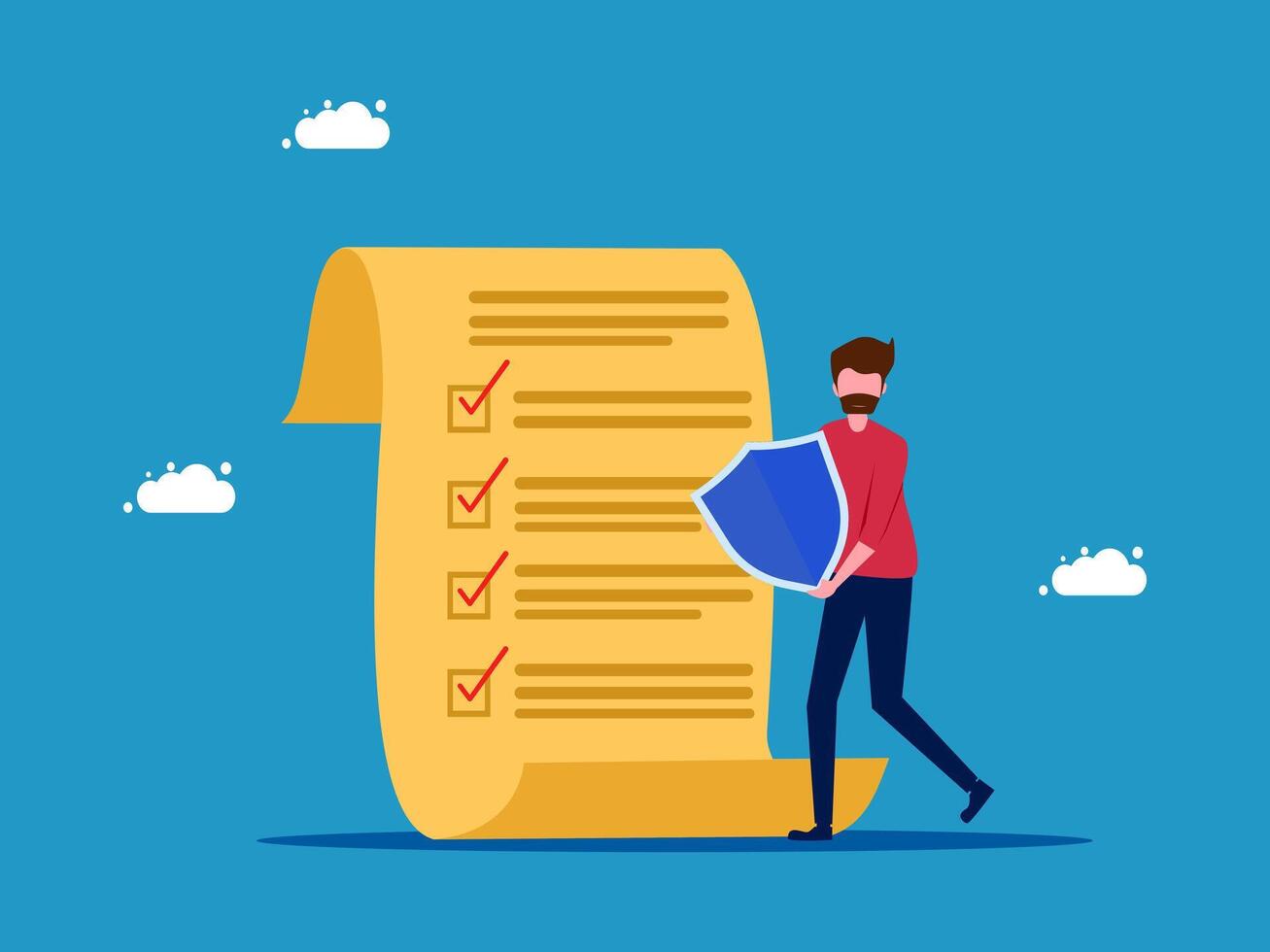 man with a shield and a checklist on a blue background vector