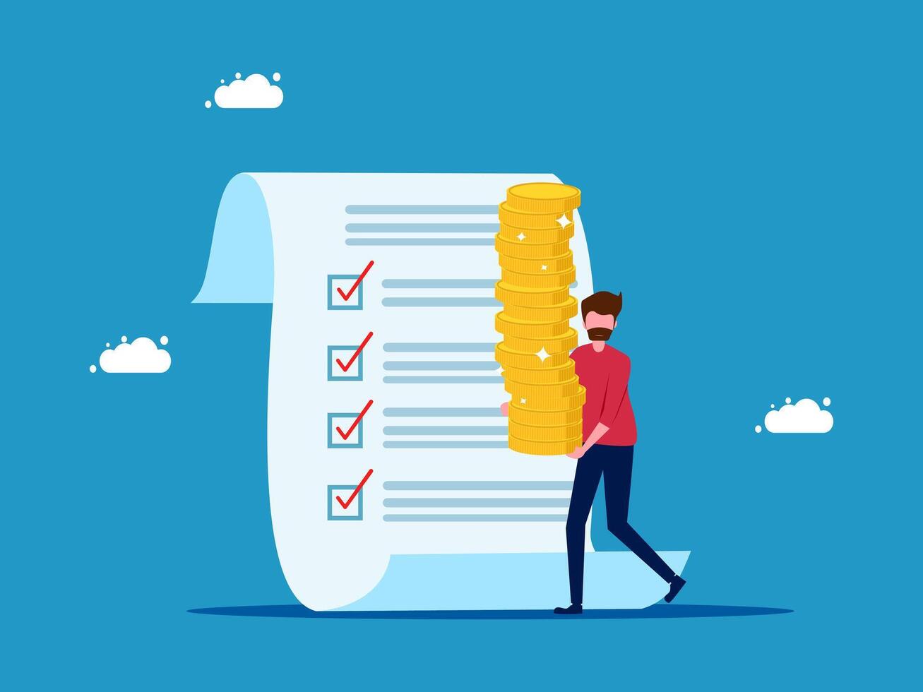 man carrying stack of money on checklist, flat design vector