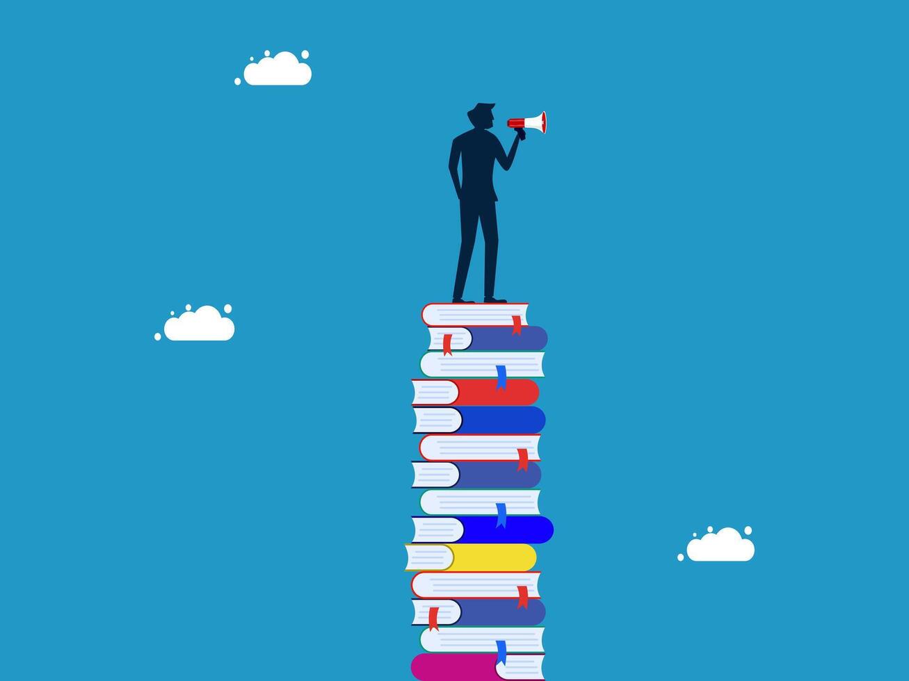 standing on top of stack of books with megaphone vector
