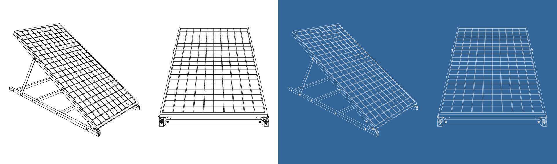 Isometric Blueprint of Solar Panel Array with Mounting Structure, Technical Drawing on Transparent Background vector