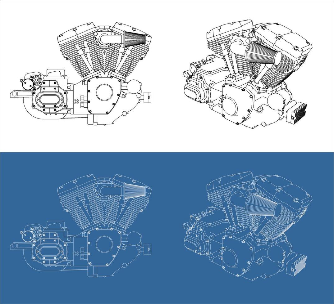 engine V-twin Motorcycle line drawing technical blueprints Illustration Side view. isolated on transparent background vector