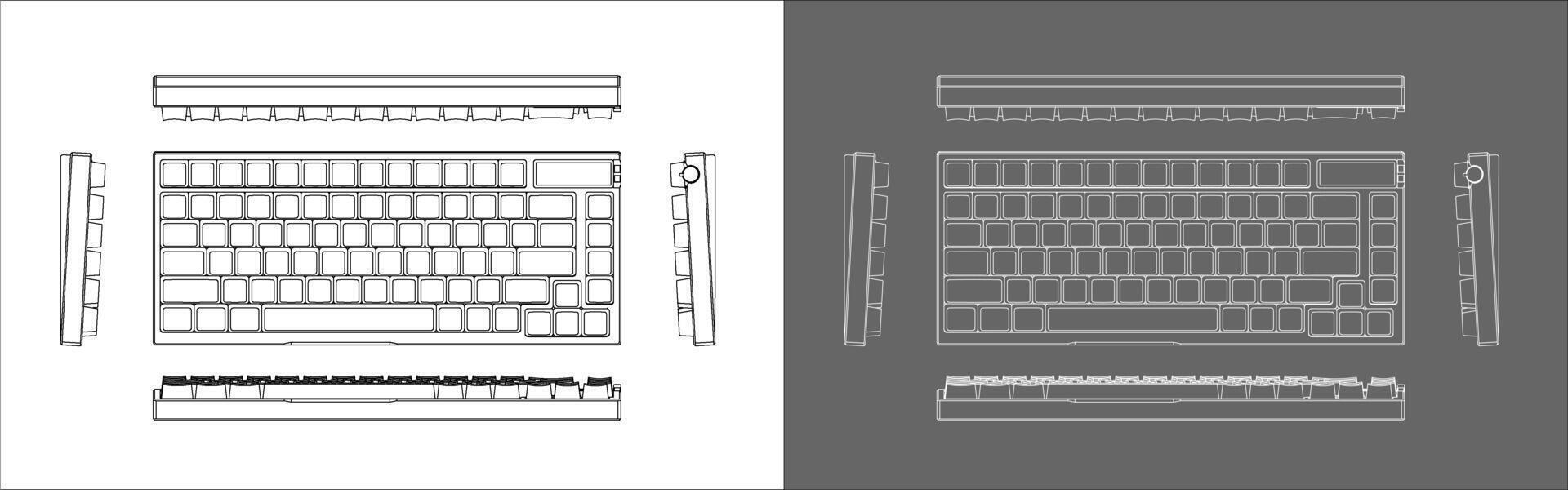Set mechanical gaming keyboard from all view outline line drawing blueprint isolated on transparent background vector