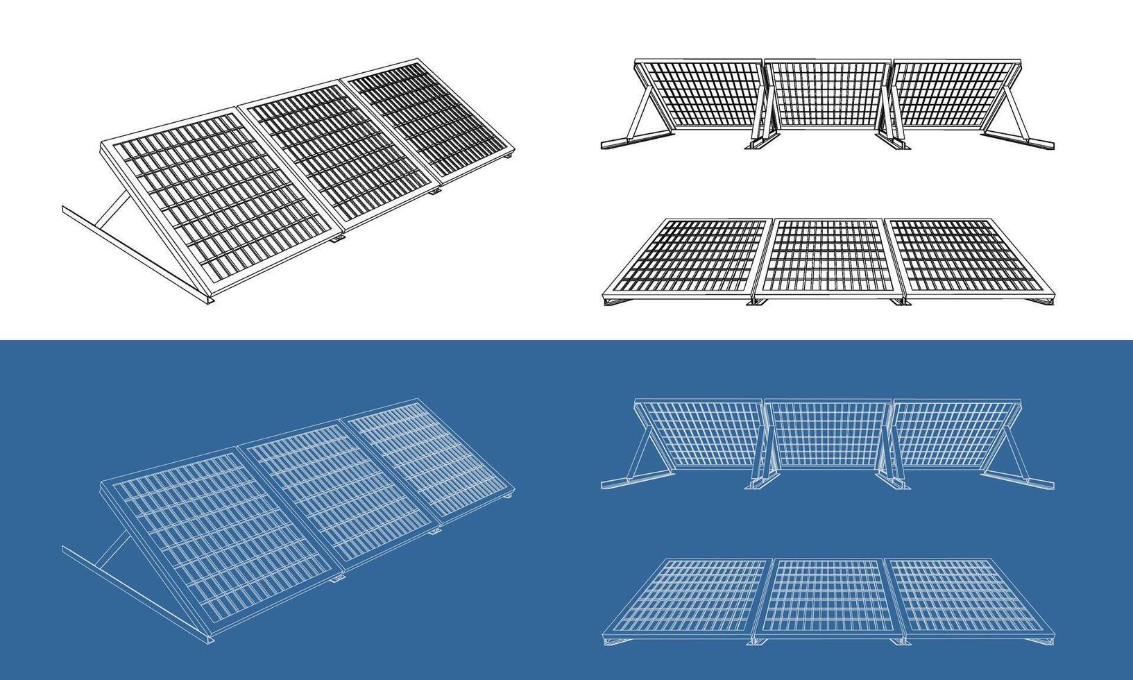 Isometric Technical Line Drawing of Solar Panel Array with Mounting Structure. Blueprint technical drawing isolated on transparent background vector