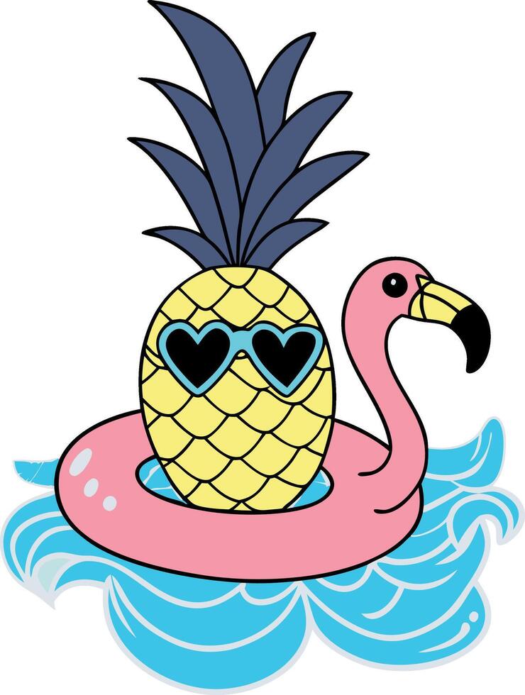 a cartoon pineapple with sunglasses and a flamingo float vector