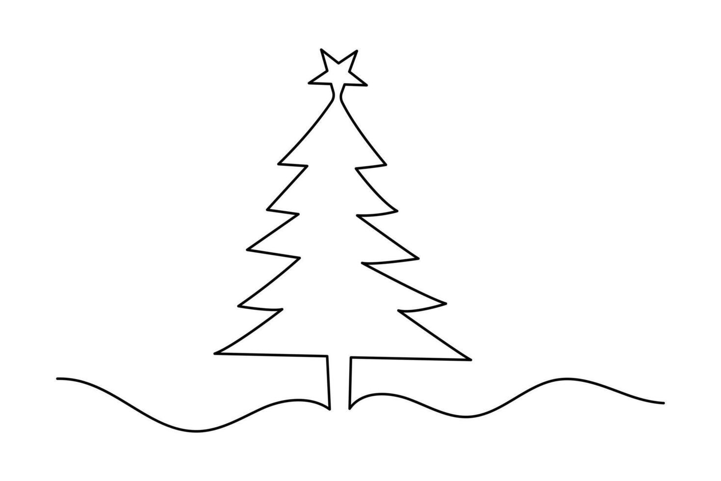 Continuous one line drawing of Christmas tree isolated outline Black and white background vector