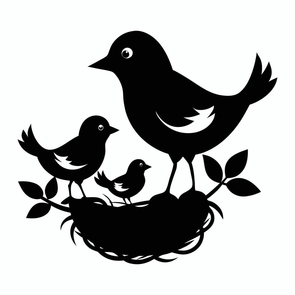 a black and white silhouette of a family of birds vector
