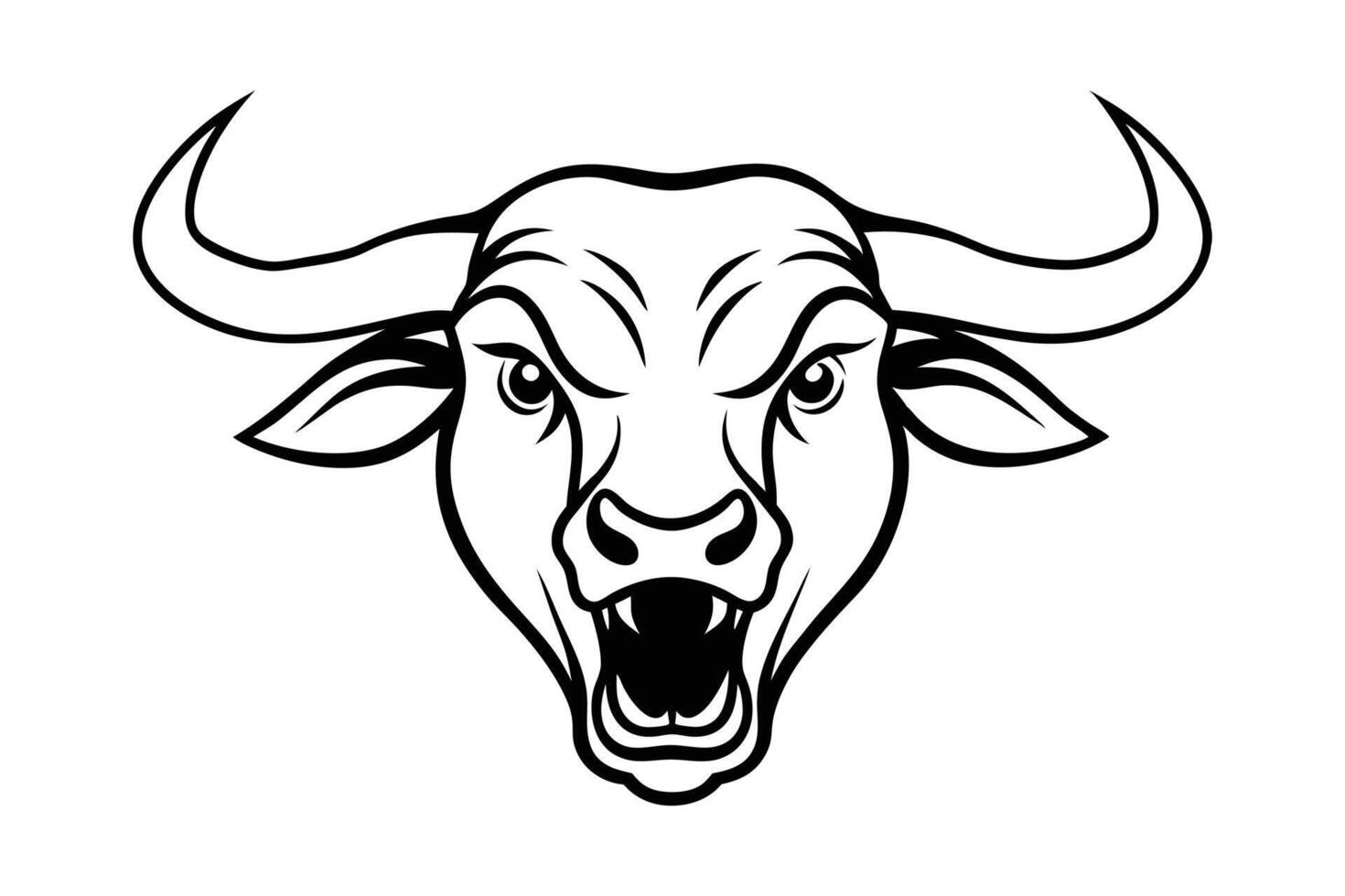 Line art illustration of a bull face screaming vector