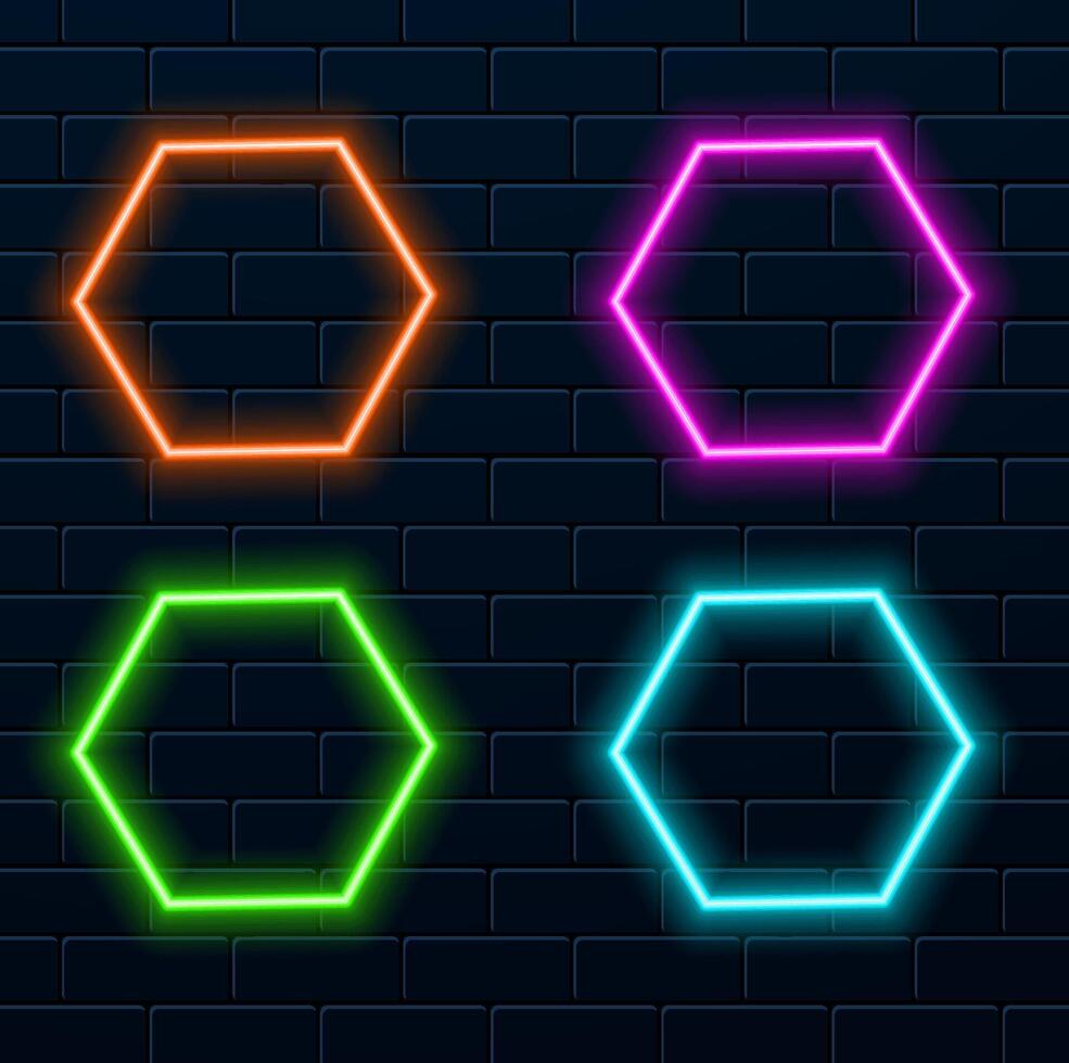 Gradient and pink red neon hexagonal frame vector
