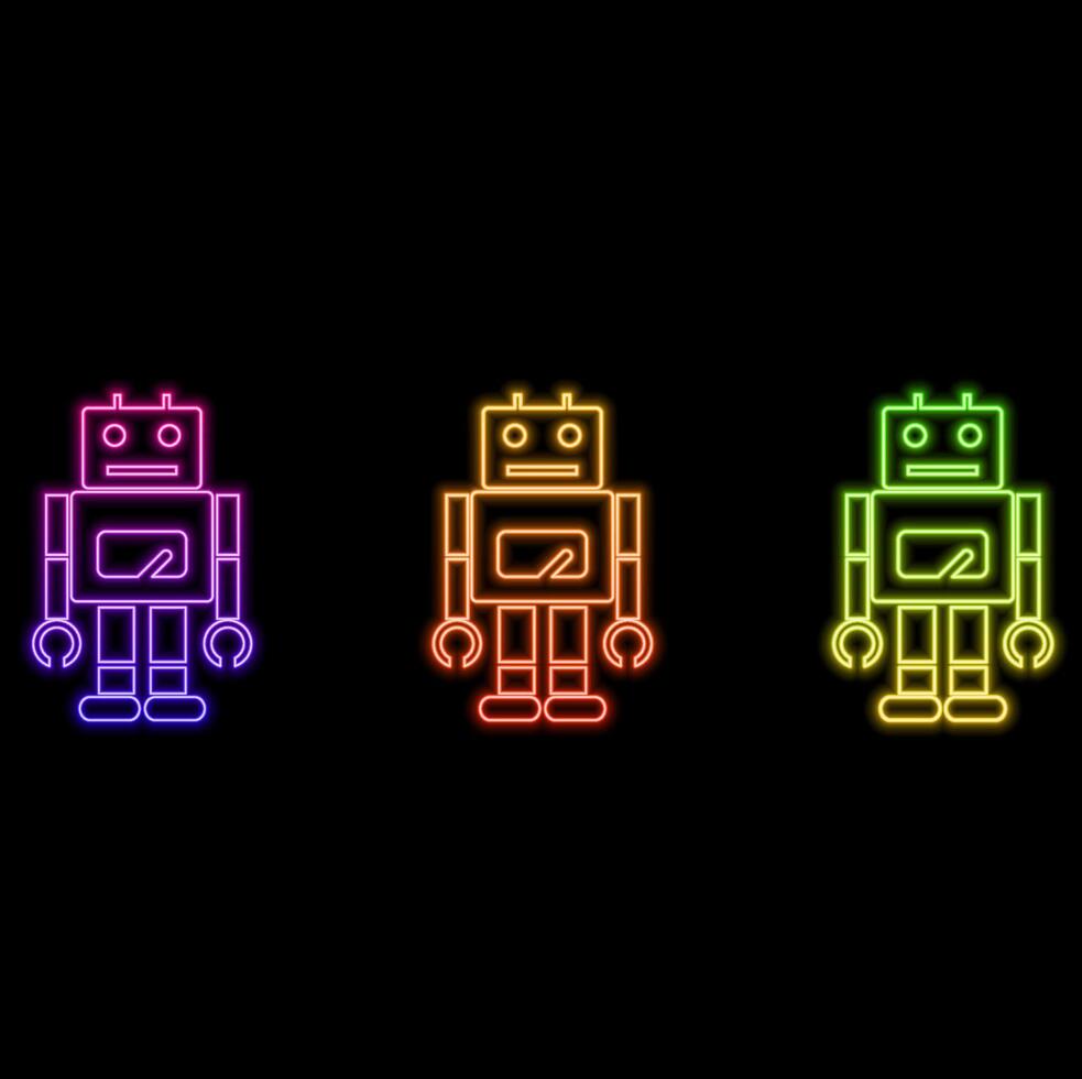 Bot - robot face. Glowing neon icon on brick wall background vector
