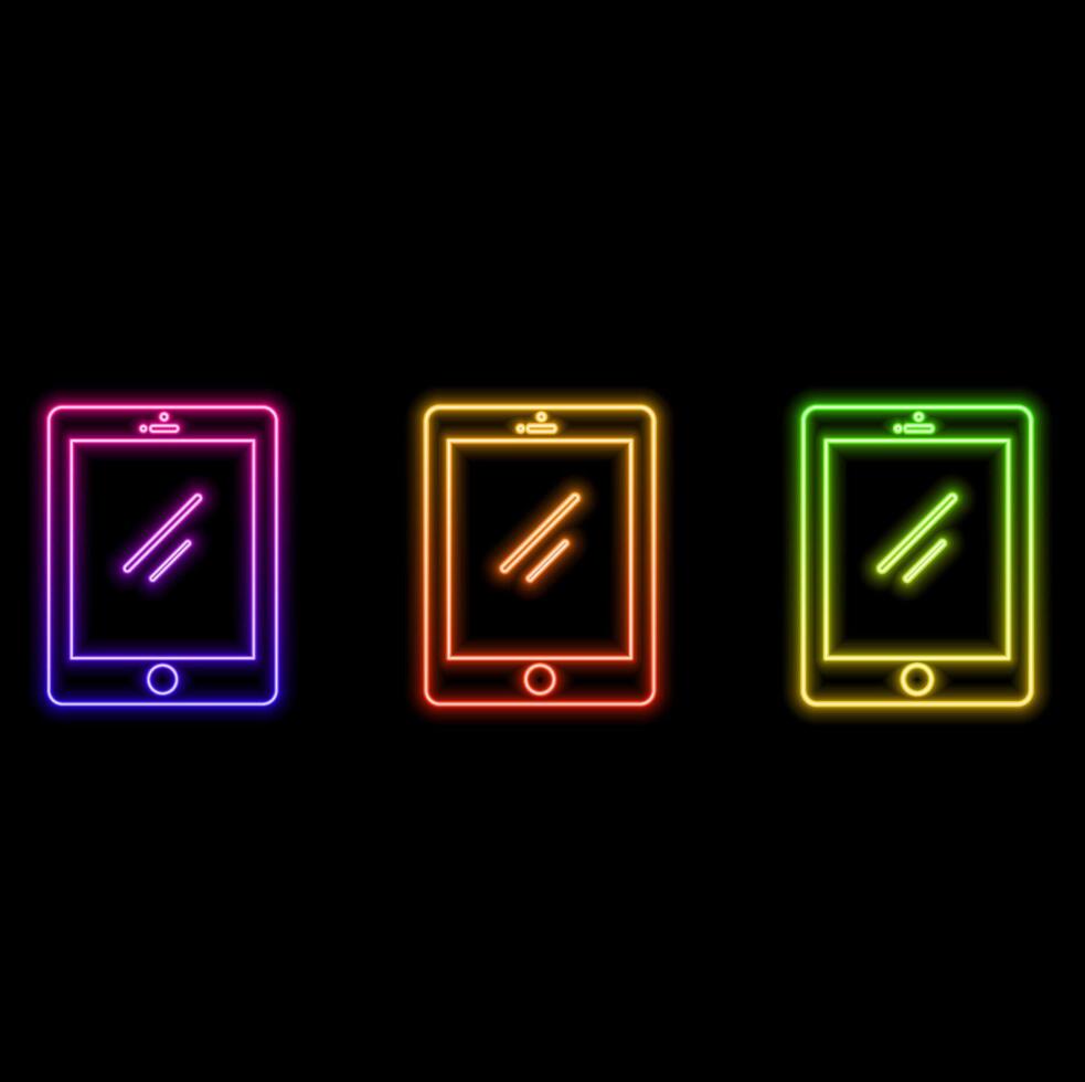 Isometric Tablet PC - Flat Position. Glowing neon icon on brick wall background vector