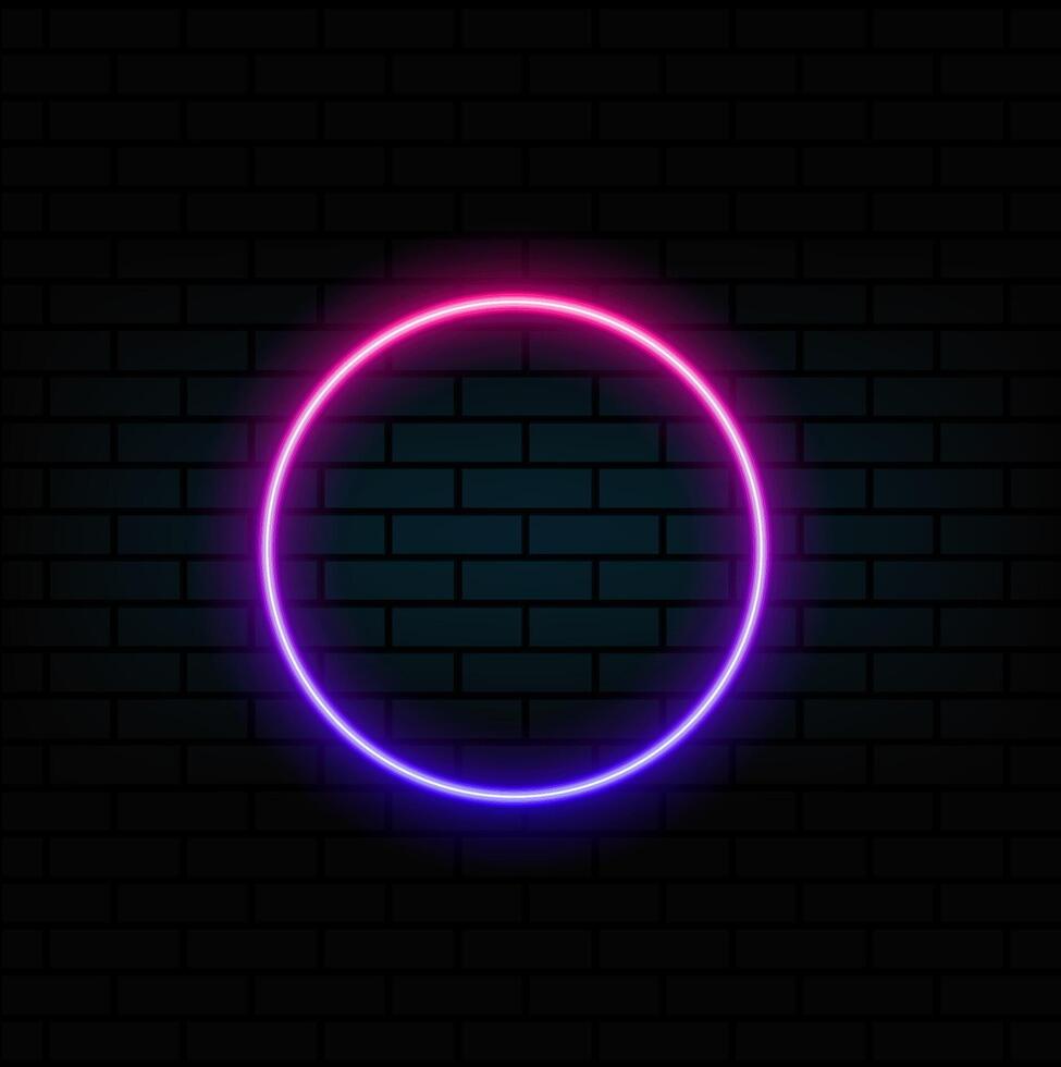 Realistic gradient neon circle frame. Pink and blue blank template isolated on black background. Outline shape of geometric glitter or laser glowing lines. shiny object. vector