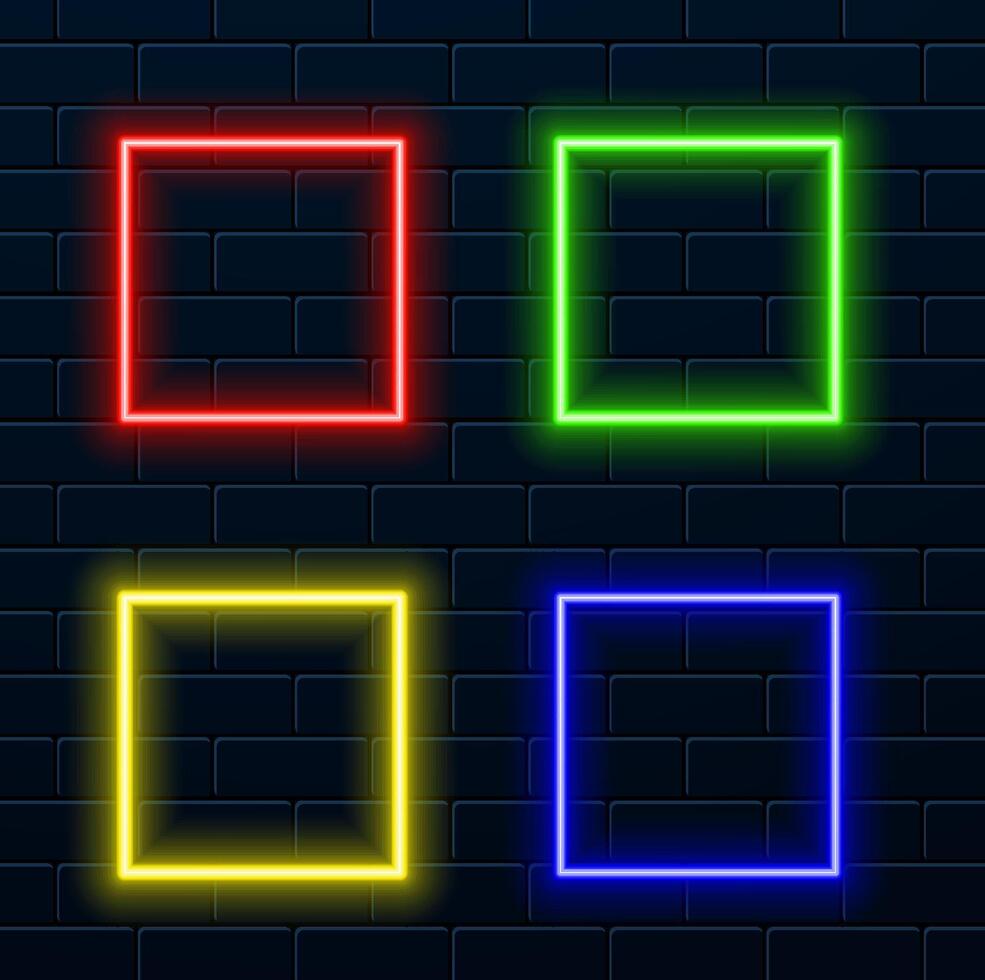 Cube-shaped empty neon sign with lighting on brick wall vector