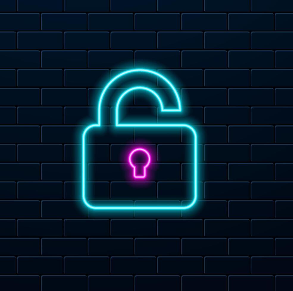 Glowing Neon Open padlock icon isolated on white background. Open lock sign. Cyber security concept. Digital data protection. Safety of security. Black square button. illustration vector
