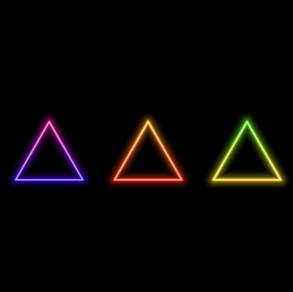 Neon triangle. Futuristic retro model. Music poster with bright element. Cyberpunk geometric shape. Electronic music design. Future minimum flag. Retrowave effect. vector