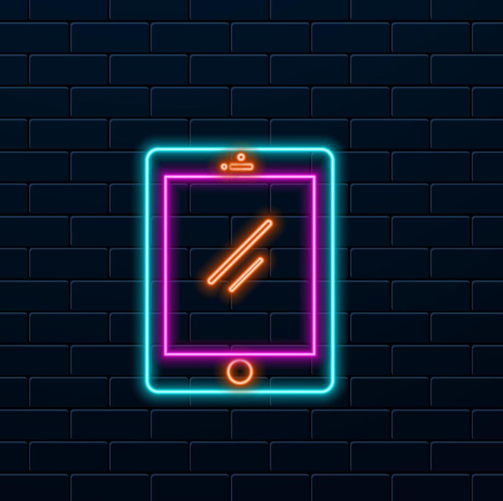 Smartphone or cell phone. Glowing neon icon on brick wall background vector